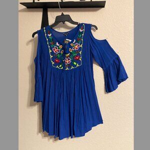 JUST LOVE Royal Blue Embroidered Cold Shoulder Ruffle Dress - NEW Size M